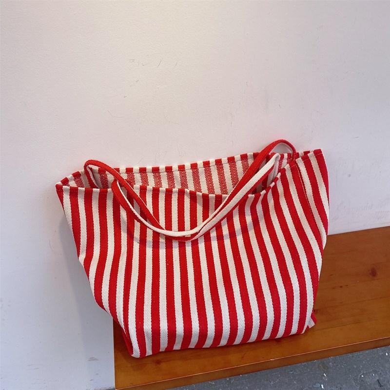 

Large Capacity Canvas Women Shopper Tote Simple Striped Shoulder Bag Female Casual Multifunctial Travel Top-handle Handbag 24x18x32cm красный