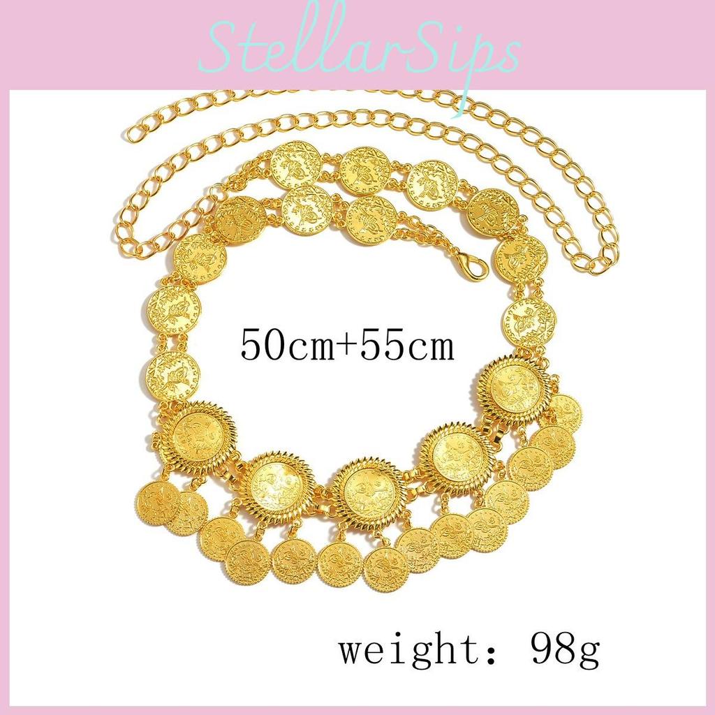 Middle East Trendy Gold Metal Coin Tassel Waist Chain For Women Summer Wear
