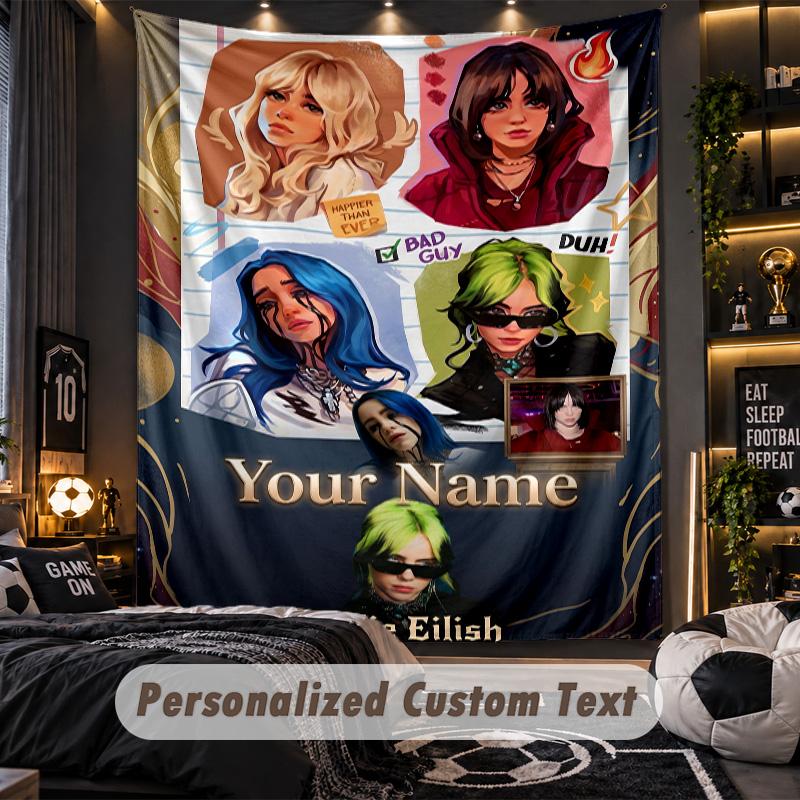 Personalisierte Wandtapisserie, Billie Eilish Individuell Bedruckter Name, Stoff-Wandkunst für Innenraum-Hintergrund
