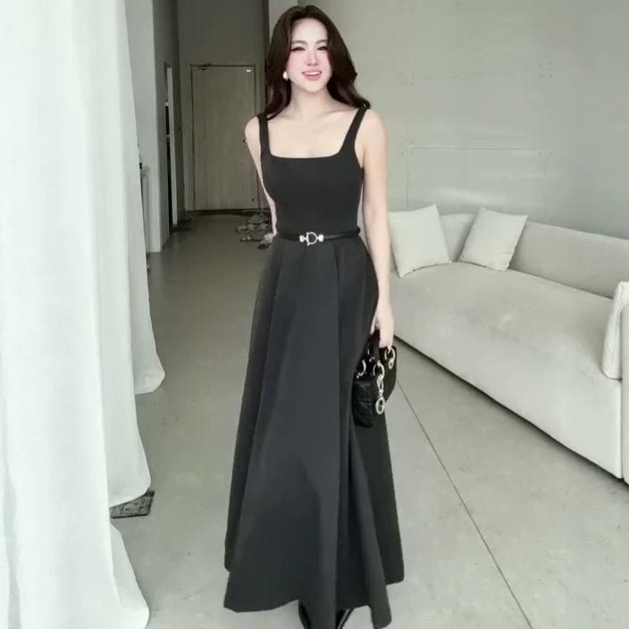 European Beautiful Woman Spring and Autumn New Vest Skirt Square Collar Waist Dress Thin Sleeveless Big Swing Dress