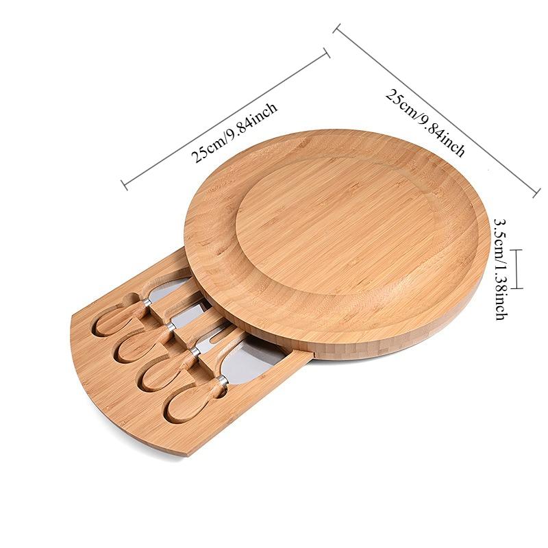 Round Bamboo Cheese Cutting Board with Knife Storage Drawer Charcuterie Serving Tray