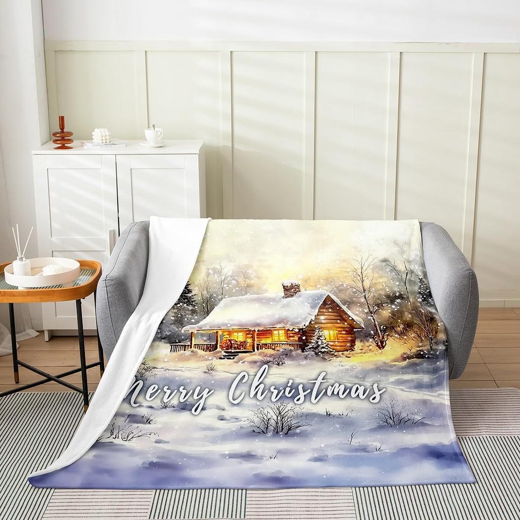 Winter Snowman Throw Blanket Cartoon Farmhouse Rustic Style Flannel Blanket for Kids Teens Adults Watercolor Pine Trees White