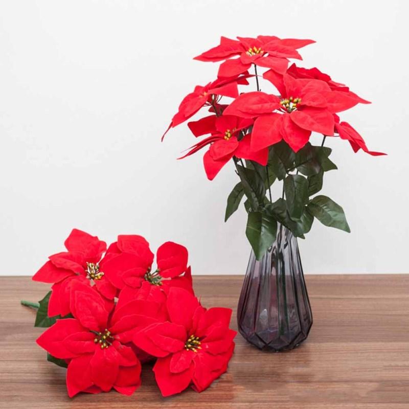 2 Bundles Christmas Artificial Poinsettia Bouquets 7 Heads Fake Flowers Ornaments For Christmas