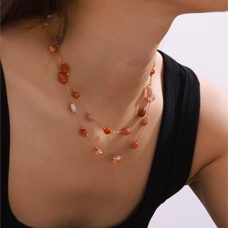 Irregular Real Natural Agate Stone Bead Combining Stainless Steel Necklace Bracelet For Women Luxury Elegant Women's Zircon Set