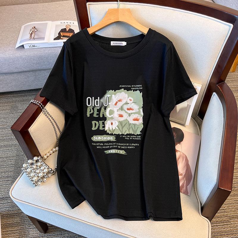 Women's Plus Size Loose Fit Mid-Length Short-Sleeve Round Neck T-Shirt (Sizes 200-350 Jin)