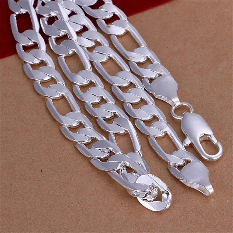 Solid 925 Silver Necklace For Men Classic 12mm Cuban Chain 18-30 Inch Charm High Quality Fashion Jewelry Wedding