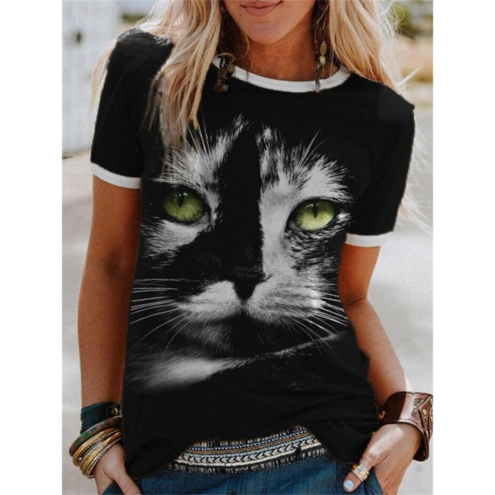 Rabbit and Cat 3D Digital Printed Women's Fashion Casual Round Neck Short Sleeved T-shirt