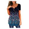 Womens V- Neck Floral Printed Tunic Tops Buttons Short Sleeve Loose Blouse