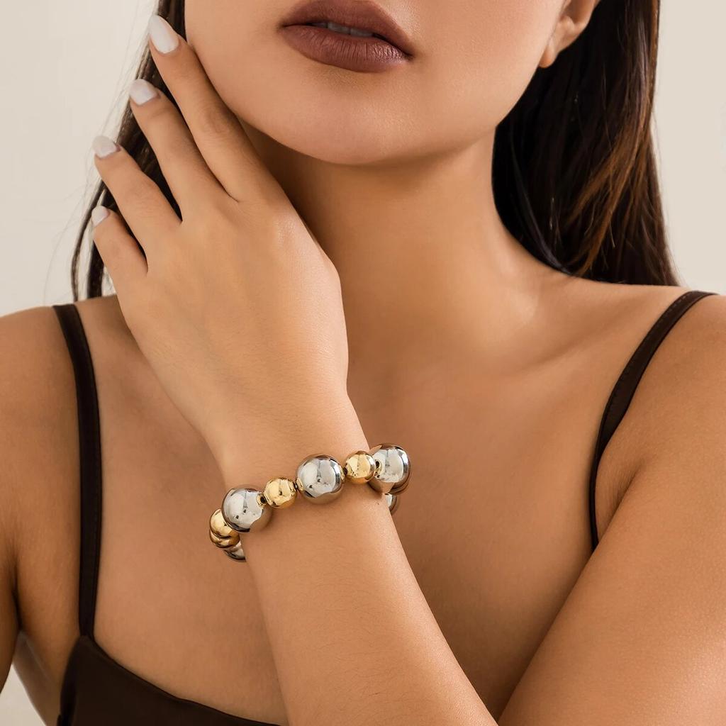 Punk Vintage Big Ball CCB Bracelets for Women Exaggerated Gold Color Round Beads Elastic Bangles Steampunk Hand Jewelry Gifts