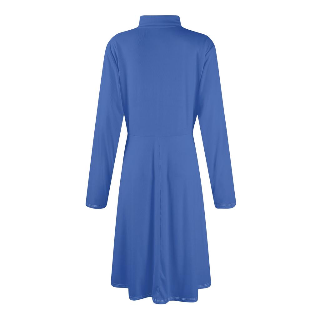 Women's Casual Fashion High Neck Long Sleeve Color Midi Dress