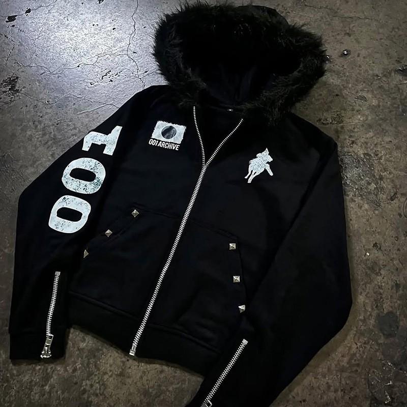 Hooded Sweatshirt Unisex Streetwear Dark Punk Style Zip Up Long Sleeve Loose Fit Winter Black