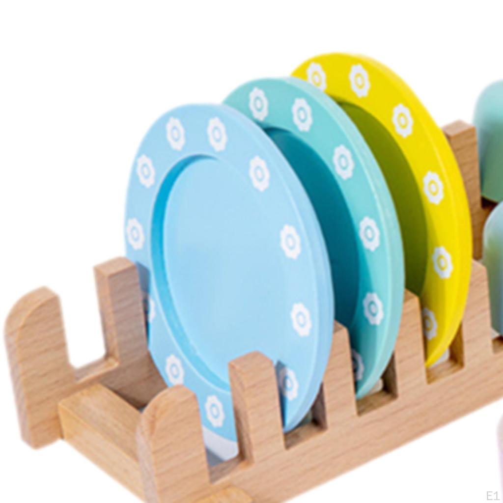 Play Kitchen Accessories Pretend Cooking and Eye Coordination Colorful Wooden Dishes Plates