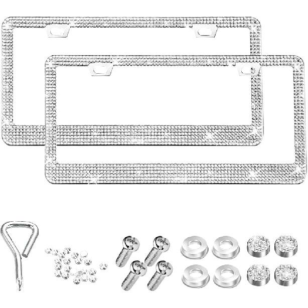 2PCS Bling Car License Plate Frame, Stainless Steel Rhinestone Vehicle License Plate Cover with Screws Caps, Sparkly Automotive Decoration
