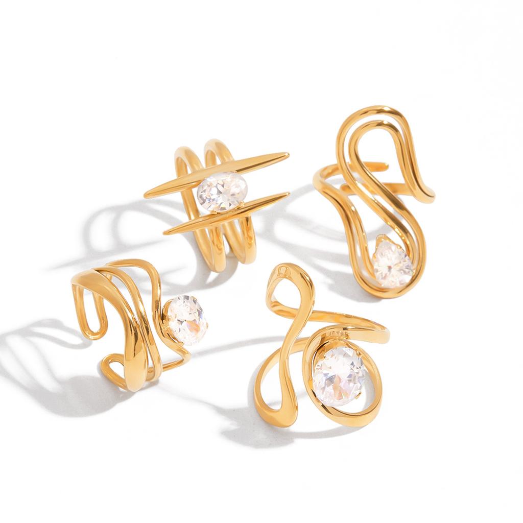 18K Gold Plate Stainless Steel Rings Modern Minimalist Lines Double-layer Hollow Geometric Zircon Open Ring