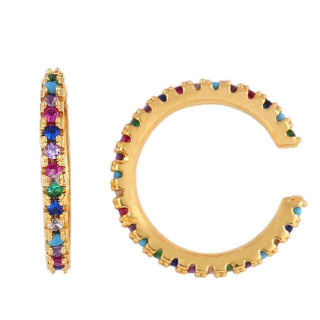 Women Cubic Zircon Rainbow Earrings Cubic Zirconia Ear Cuff Set Female Stylish Fashionable Gold Tone Huggie Clip On Earrings Earcuff Crystal Stone