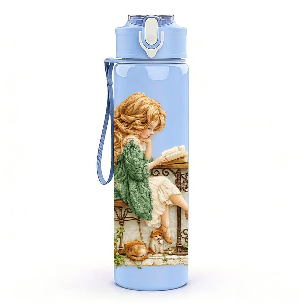 1PC Little Girl Sit Under Tree Scene Print 750ml Color Plastic Sports Water Bottle Leakproof Flip Straw Lid Suitable for Sports Office Home Use