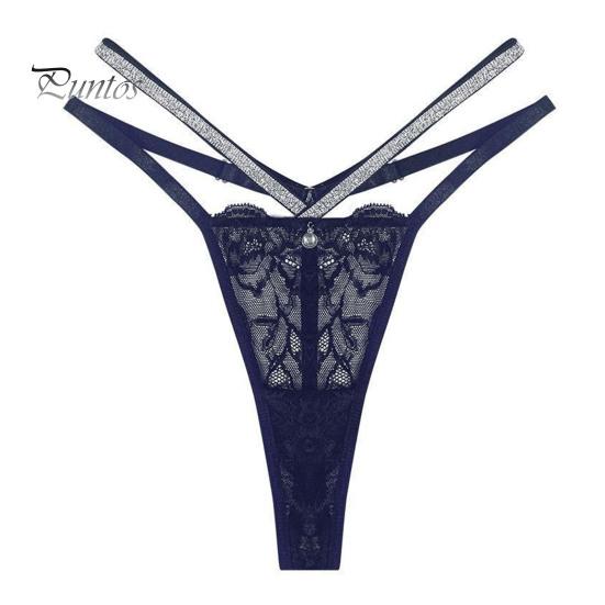Thin Strap Underwear Women's Glitter Thong Sexy Floral Lace Sheer Breathable Strappy Rhinestone G-String Stretch Panties Romantic