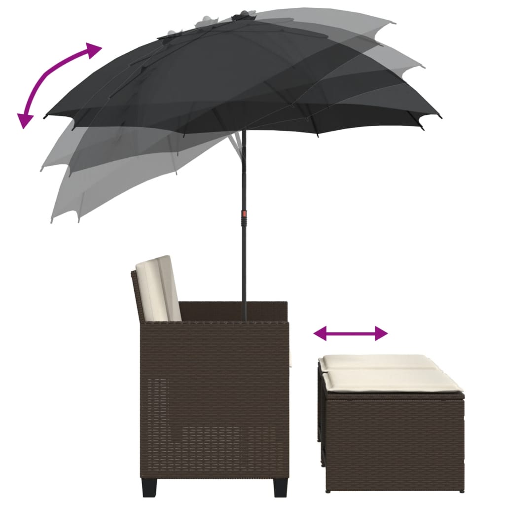 Garden Sofa 2 Seater with Sun Umbrella and Footstools Brown Poly Rattan