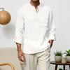 Chemise en Coton et Lin pour Homme à Manches Longues et Col Mao avec Poche sur la Poitrine Couleur Unie Chemise Décontractée de Vacances pour Voyage Été Plage Vacances Usage Quotidien
