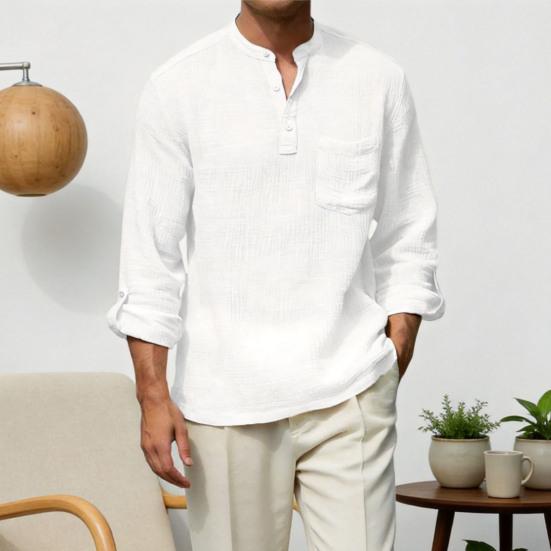 Chemise en Coton et Lin pour Homme à Manches Longues et Col Mao avec Poche sur la Poitrine Couleur Unie Chemise Décontractée de Vacances pour Voyage Été Plage Vacances Usage Quotidien