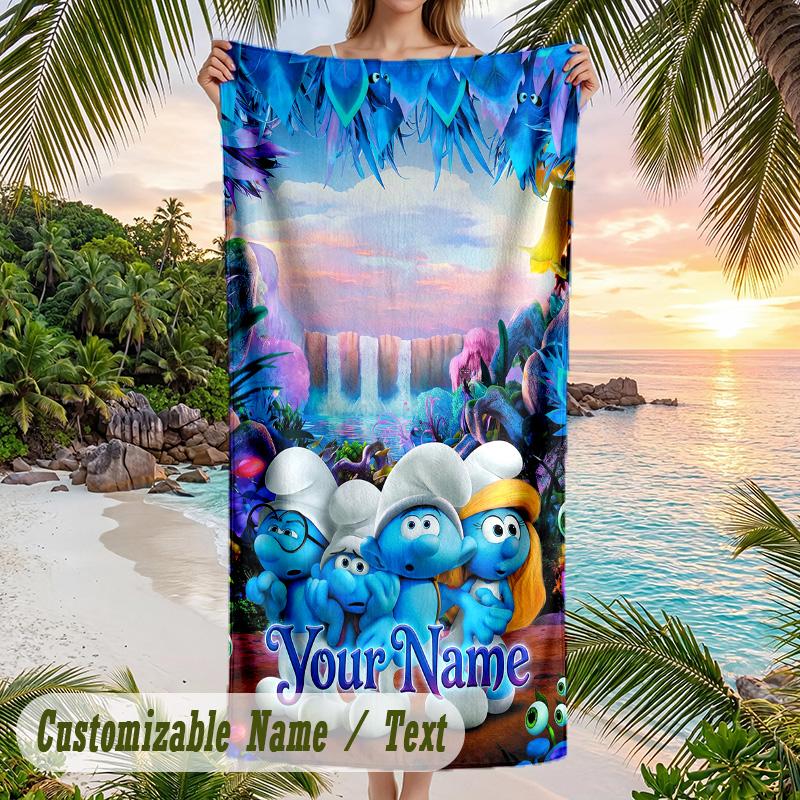 Smurfs Beach Towel, Personalized Custom Text, Quick Dry Soft Large Towel For Swimming Pool Travel