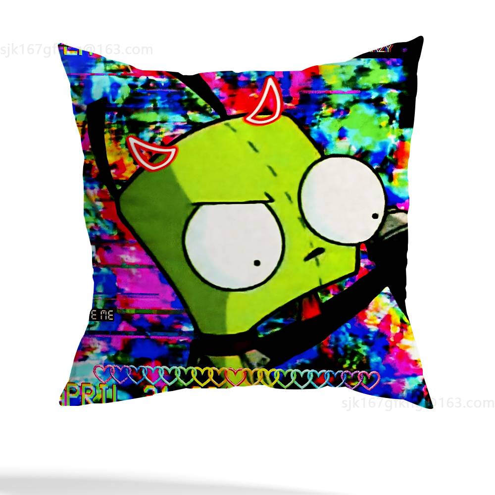 Green Invader ZIM Pillow Case Square Double-Sided Printing Short Plush Sofa Cushion Cover Bedroom Bedside Pillow