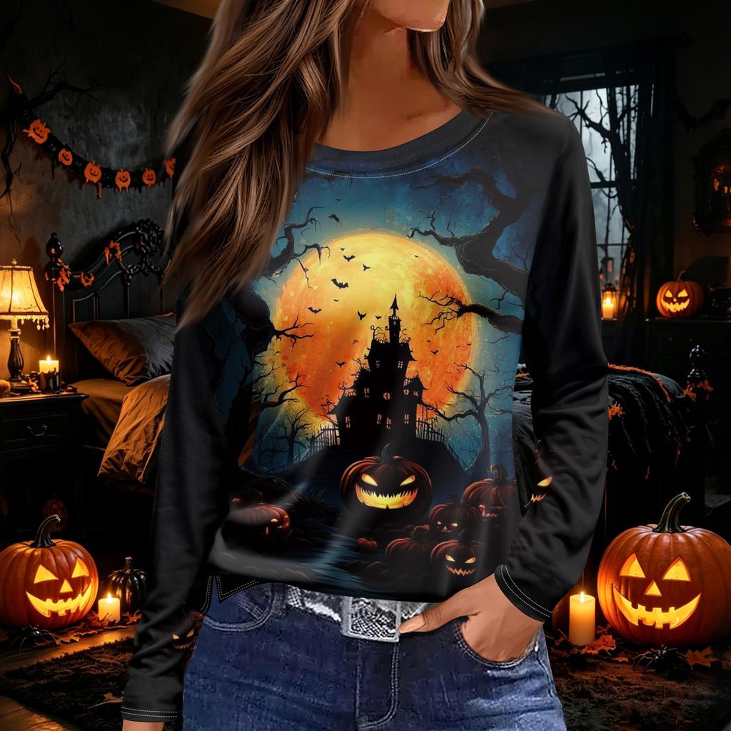 Women's Halloween Print Long Sleeve Round Neck Top with Hem Slit