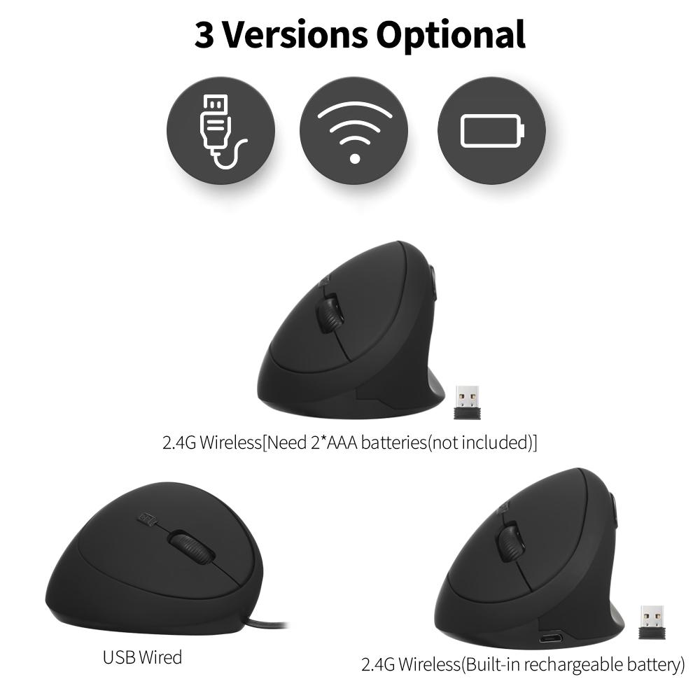 2.4G sem fio ou com fio (opcional) Mouse óptico vertical com 6 teclas, ergonômico, para escritório, com 3 engrenagens, DPI ajustável, integrado