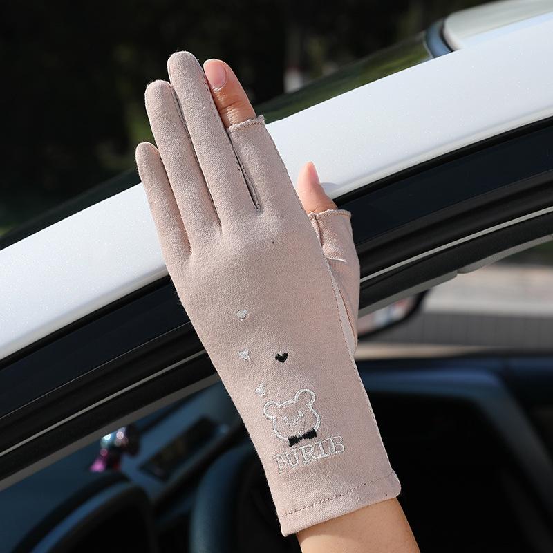 Bear Two-finger Sunscreen Gloves Women's Summer Non-slip Thin Cotton Sweat-absorbing Gloves Breathable Fashion Cycling Short Touch Screen