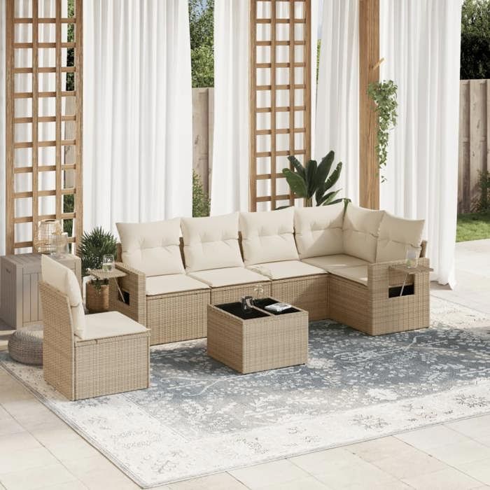 VidaXL Salon de Jardin avec Coussins 7 pcs, Canapés de Terrasse, Ensemble de Meubles de Patio, Mobilier d'Extérieur, Beige 3252575