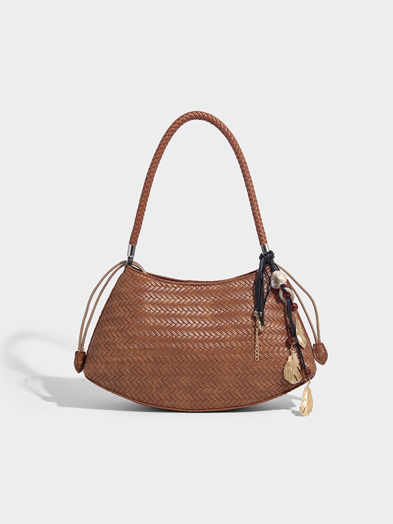 

French woven vegetable basket bag, women s pu leather single-shoulder bag, retro handcrafted bag, ins style M світло-коричневого кольору