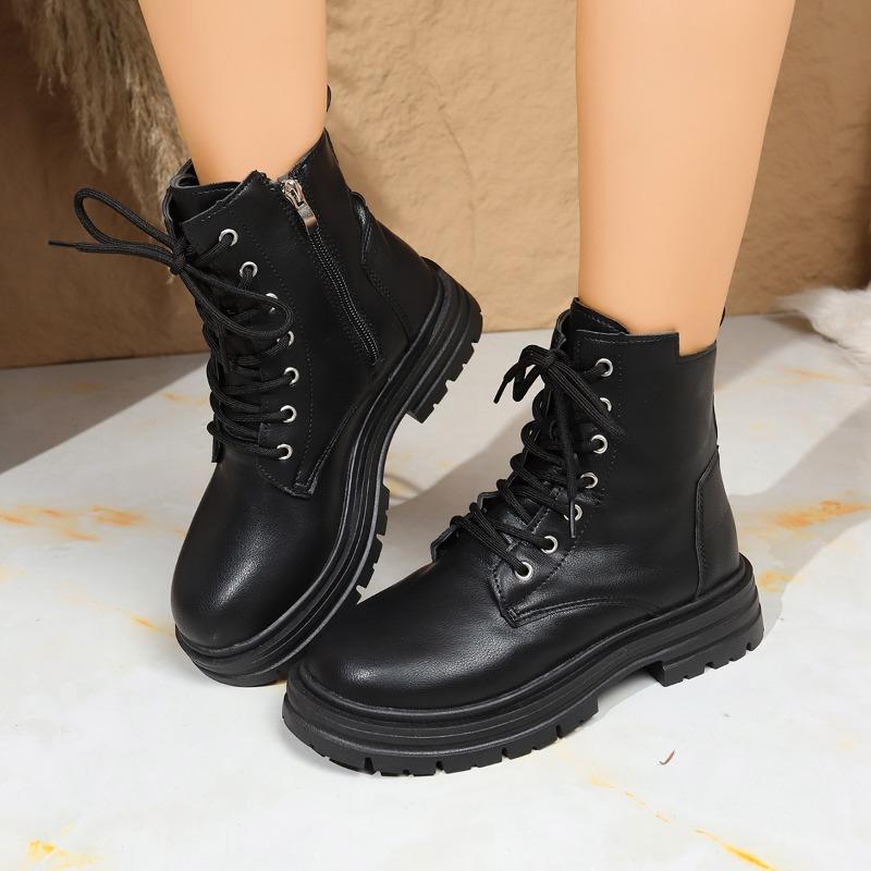 2025 Women's Fashion Boots Round Toe Platform Sole Square Heel Lace-up Short Boots Classic All-match Autumn Winter Women Boots