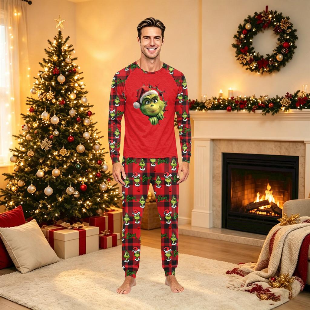 Family Matching Christmas Print Pajama Set, Long Sleeve Neck Top and Pants for Parents and Kids