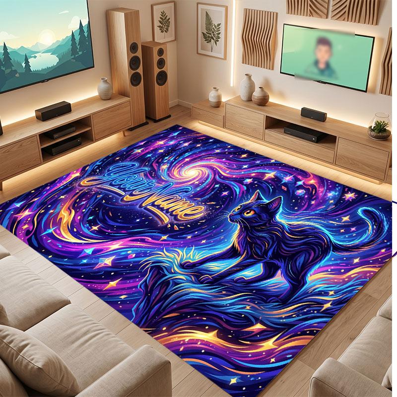 Cat Theme Crystal Velvet Floor Rug Personalized Custom Name Text Warm Carpet Home Decoration
