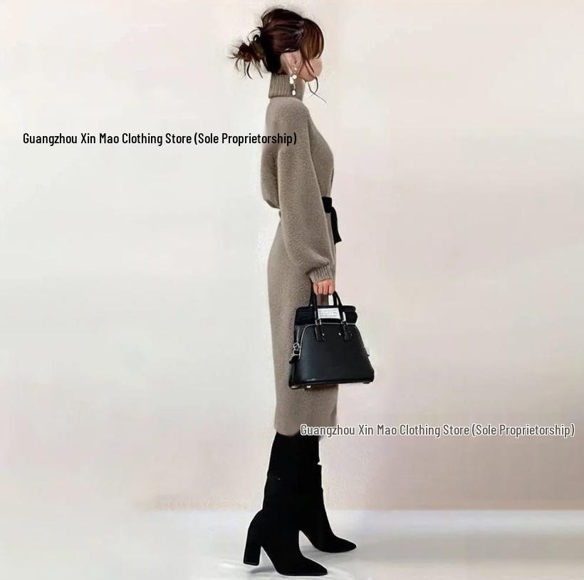 Korean Style High Collar Mid-Length Cashmere Knit Loose Wool Dress for Women