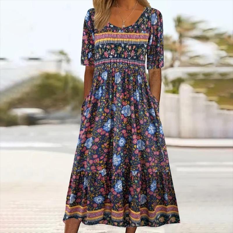 2026 Verano Europa y Estados Unidos nuevo vestido de mujer con cuello redondo, manga corta, falda larga, estampado bohemio para mujer