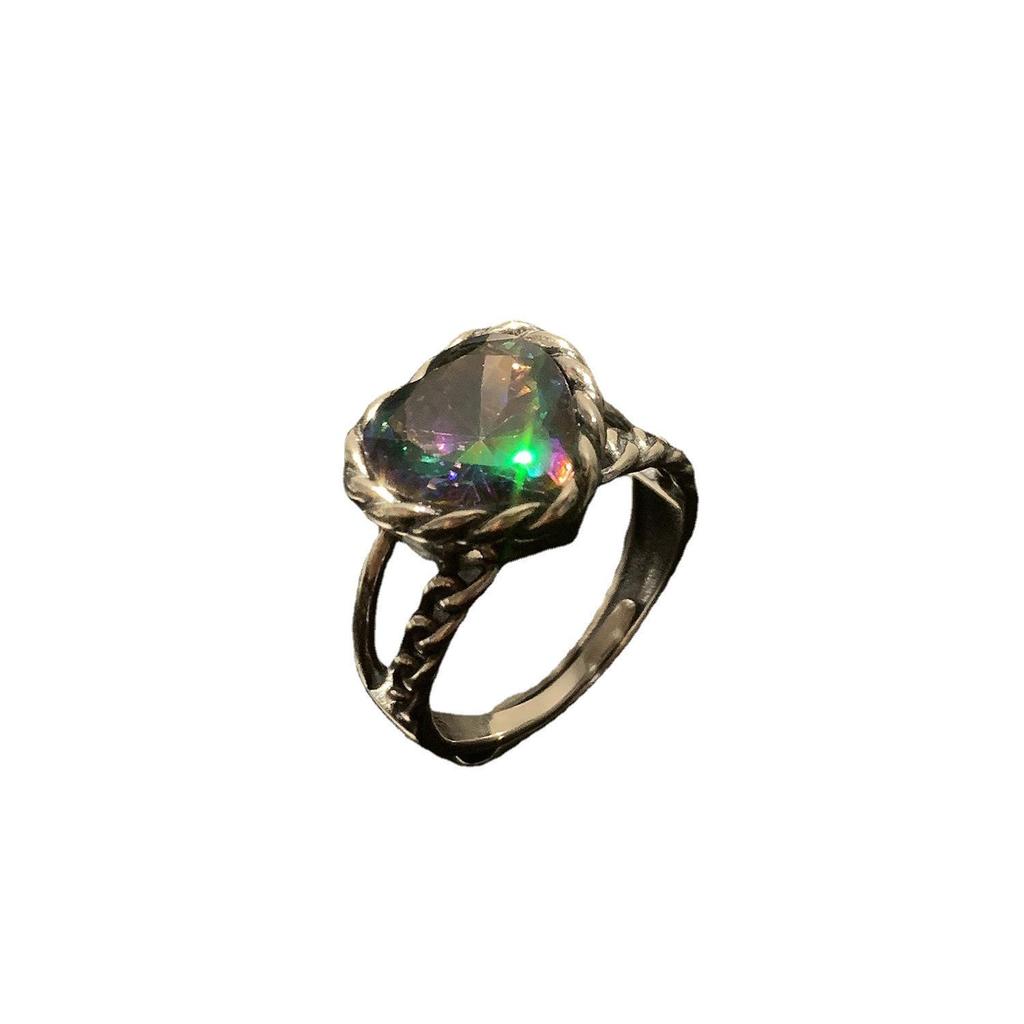 Korean-Japanese Vintage Iridescent Zircon Heart & Wave Adjustable Ring for Women