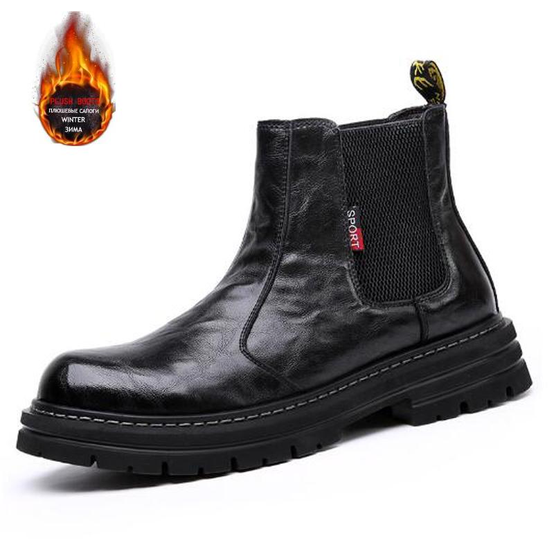 New Autumn Winter Motorcycle Boots Men's Trend Leather Plus Fleece Warm Work Boots Retro Platform Chelsea Boots  D312