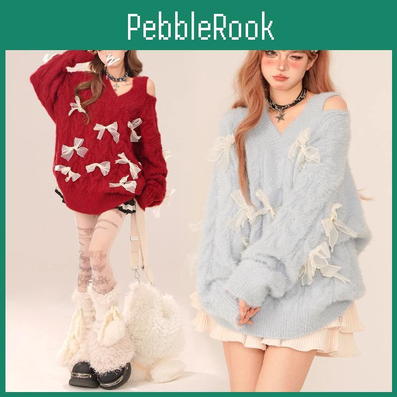 Woman Elegant Winter Knitted Sweater Thickened Bow Loose Long Sleeved Casual Korean Pullovers Aesthetic Kawaii Sweet Jumpers