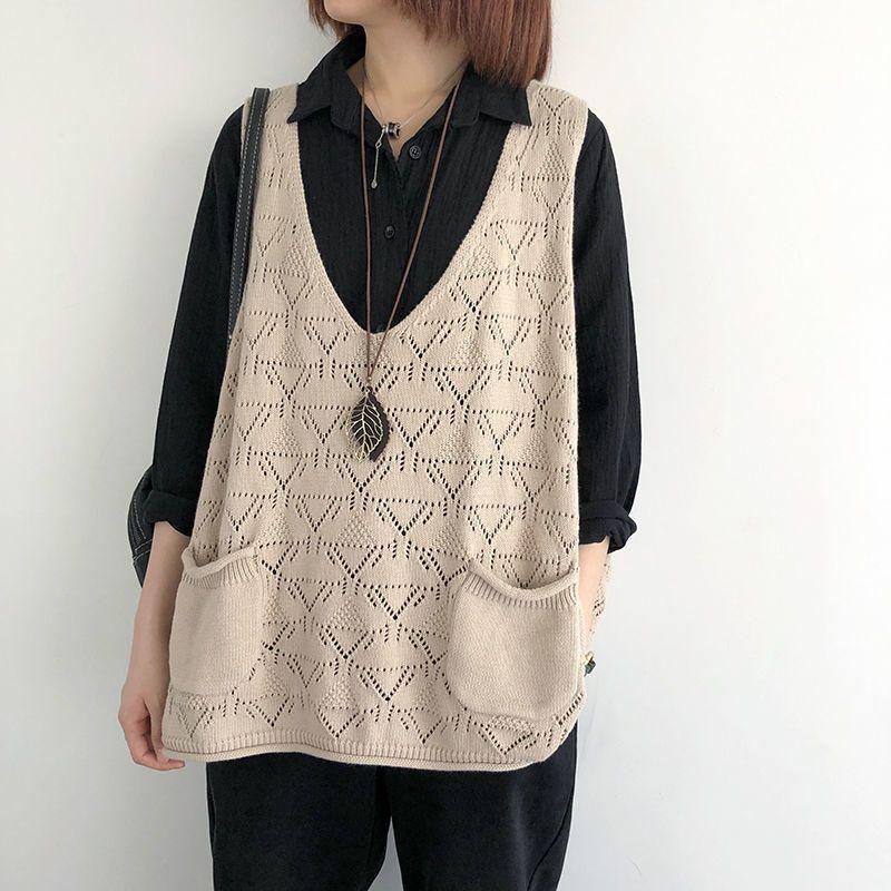 Knitted Vest Women's V-neck Hollow Thin Sweater Solid Color Casual Knitted Pullover Sleeveless Top Large Pocket Design Loose Casual Autumn