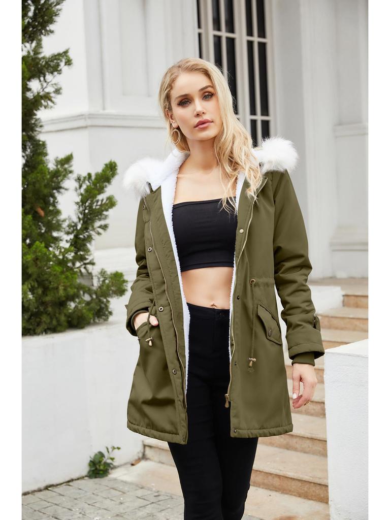 2023 Women's Detachable Fur Collar Parka: Long Sleeve Hooded Cotton Coat with Fleece Lining for Autumn/Winter