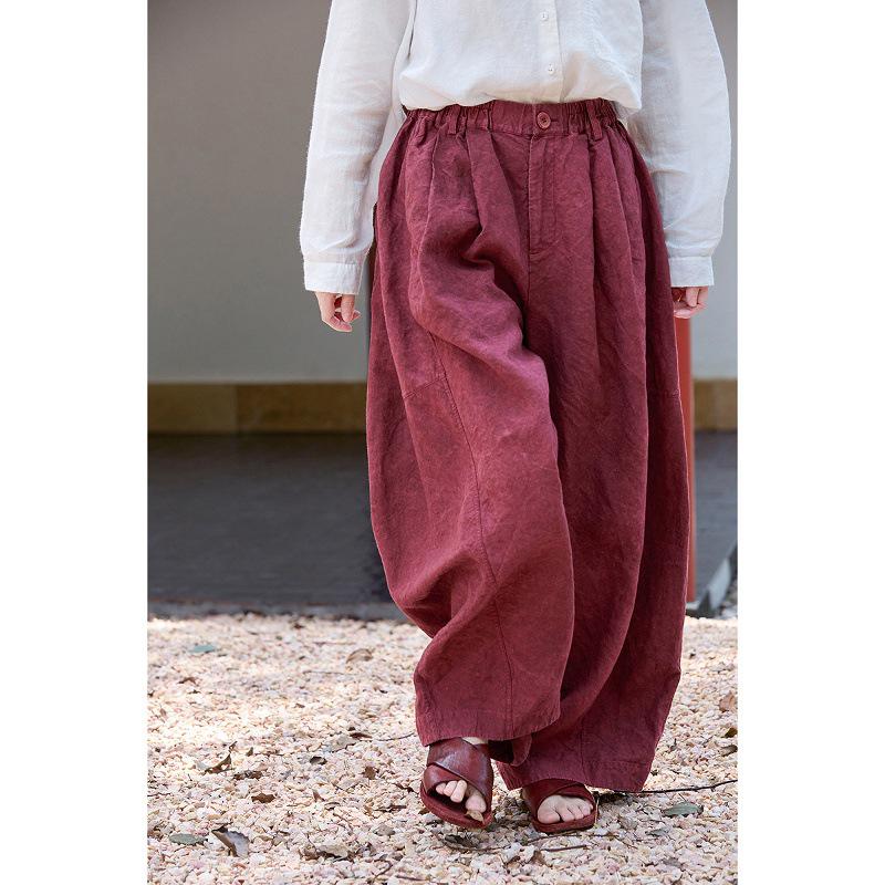Artistic Retro Four Seasons Style Red Linen Wide-Leg Pants for Women - Plus Size, Casual, Breathable, and Lightweight. L