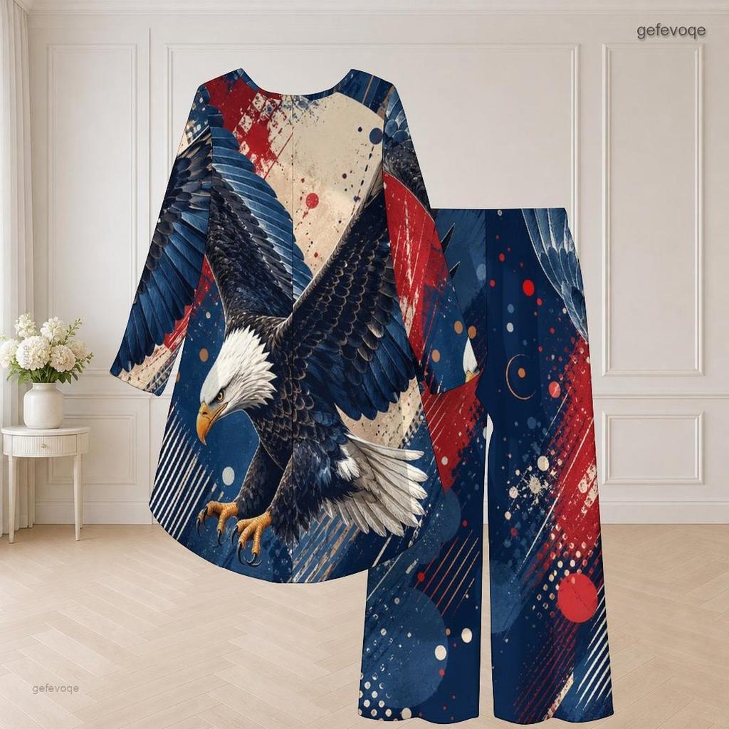 Women Plus Size Two Piece Pants Set Round Neck Long Sleeve Eagle Printed High Low Top Wide Leg Pants