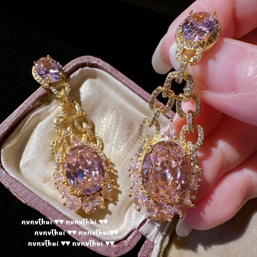 Papalacha Pink Water Drop Gemstone Chain Earrings, Princess On The Run, Plated With 18K Gold Rainbow Flower Zircon Earrings.