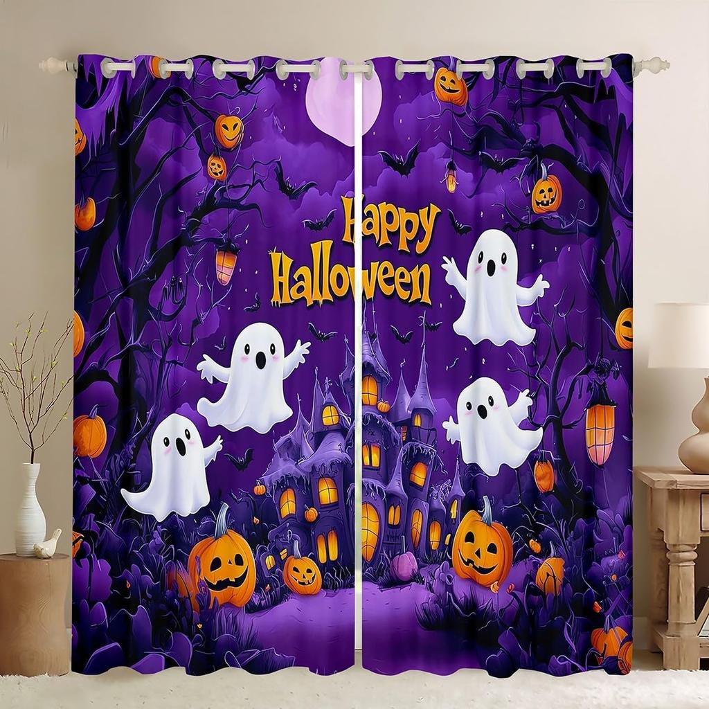 Happy Halloween Curtain Pumpkin Curtains Trick Treat Gothic Night Drapes Horror Cartoon Window Room Darkening Made Of Polyester