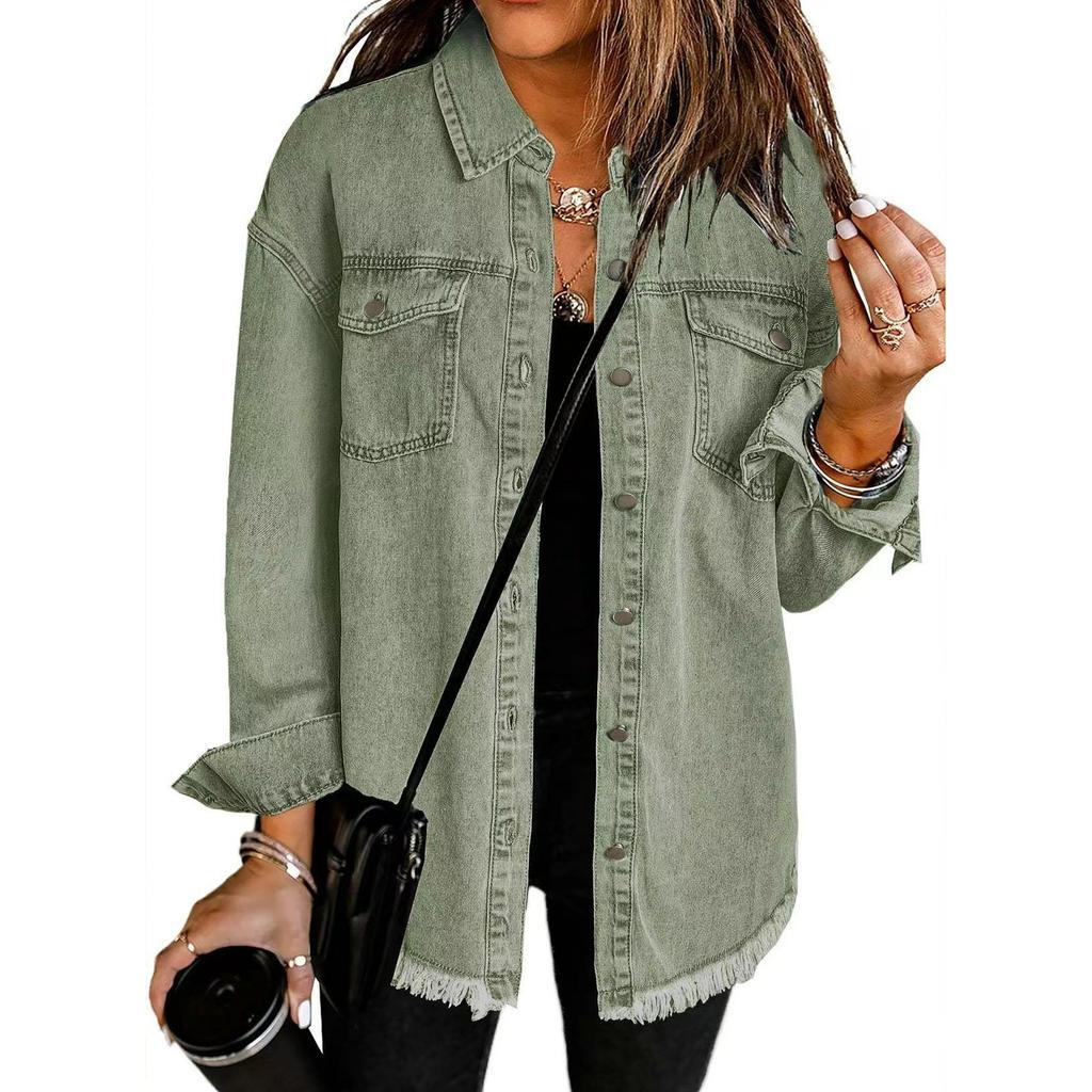 Washed Denim Shirt Jacket Women Autumn and Winter Personality Street Style Edging Hem Jacket Women