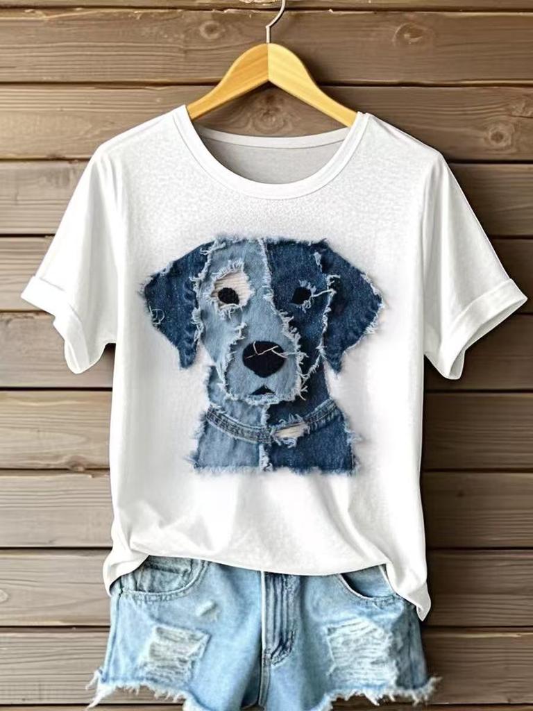European & American 3D Printed Denim Pet Dog Round Neck Short Sleeve Women's Casual Loose Top, 2026 Style
