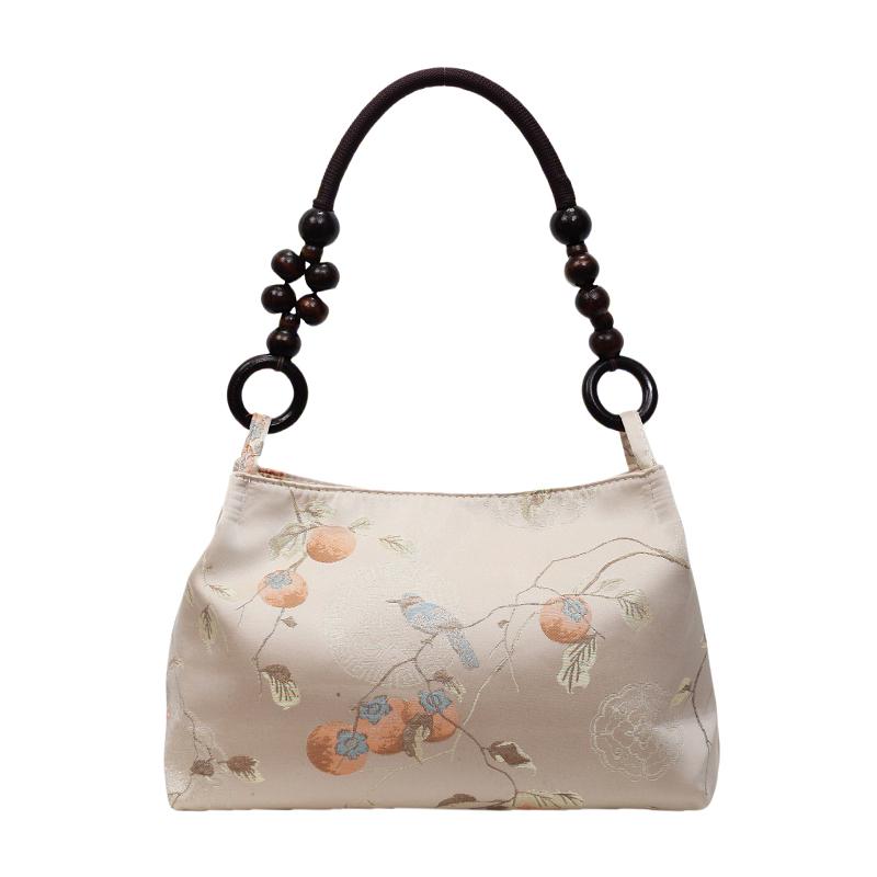

Retro Beige Embroidery Handbag Women Beaded Handle Large Capacity Shoulder Bag Ladies Elegant Luxury High End Underarm Bags білий