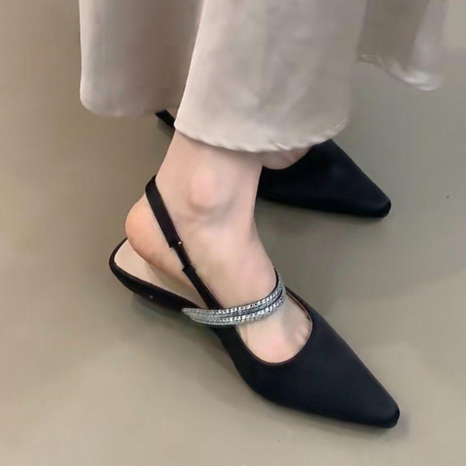 

French fairy wind back strap rhinestone bag head single shoes female summer shallow mouth pointed head temperament elegant sandals versatile fashion 40 чёрный