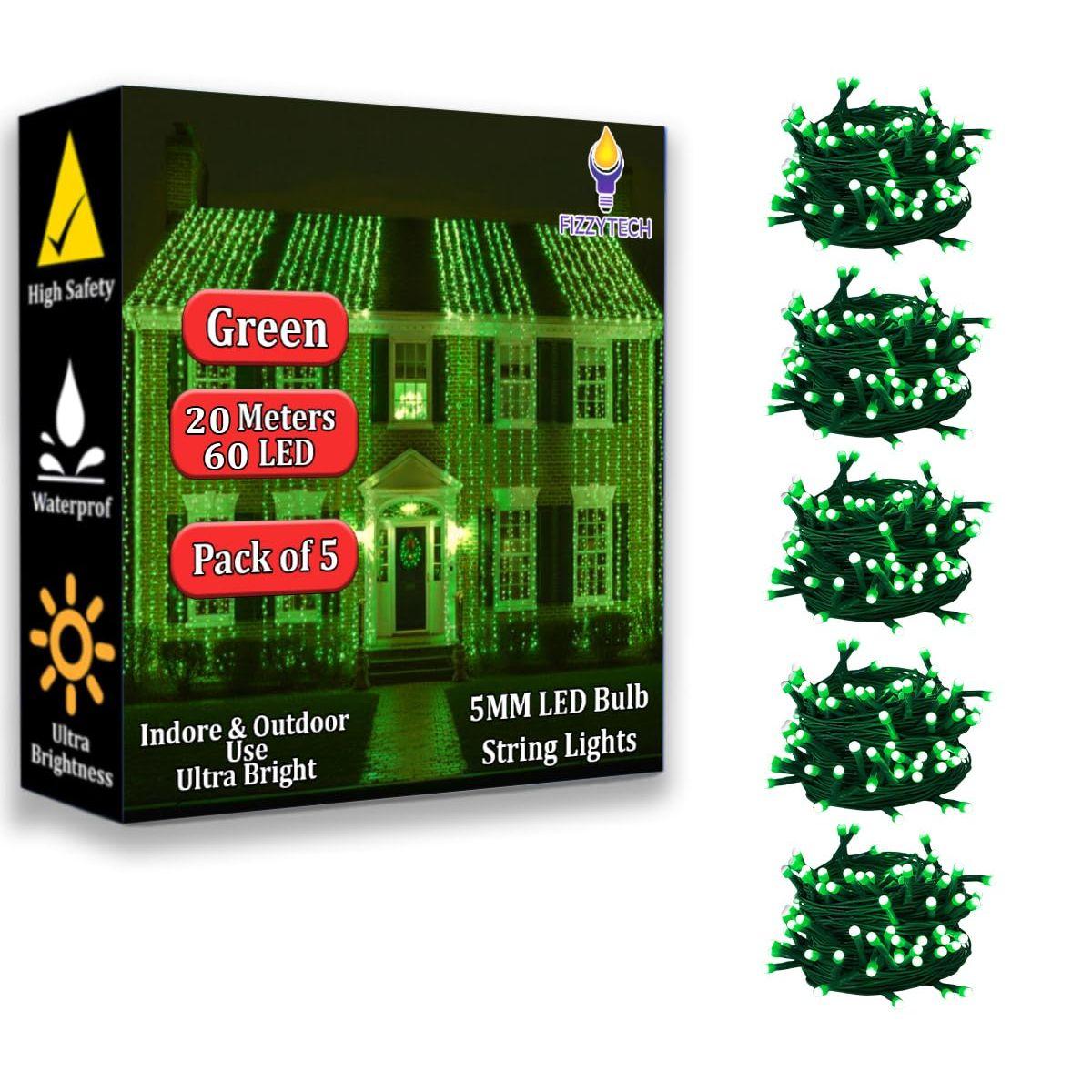 20 Meter  Decorative String Light | Green LED Fairy Light for Diwali, Christmas, Weddings & Home Decoration | Polycarbonate,(60 LED 5MM Green) Pack of 5